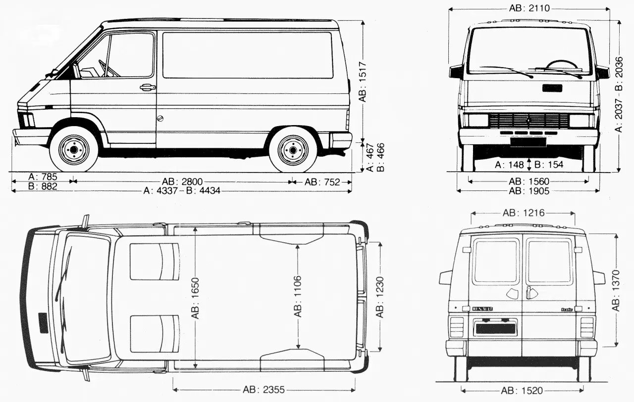 Technische Zeichnung eines Renault Trafic mit Maßen. Die renault trafic ladefläche ist gut erkennbar.