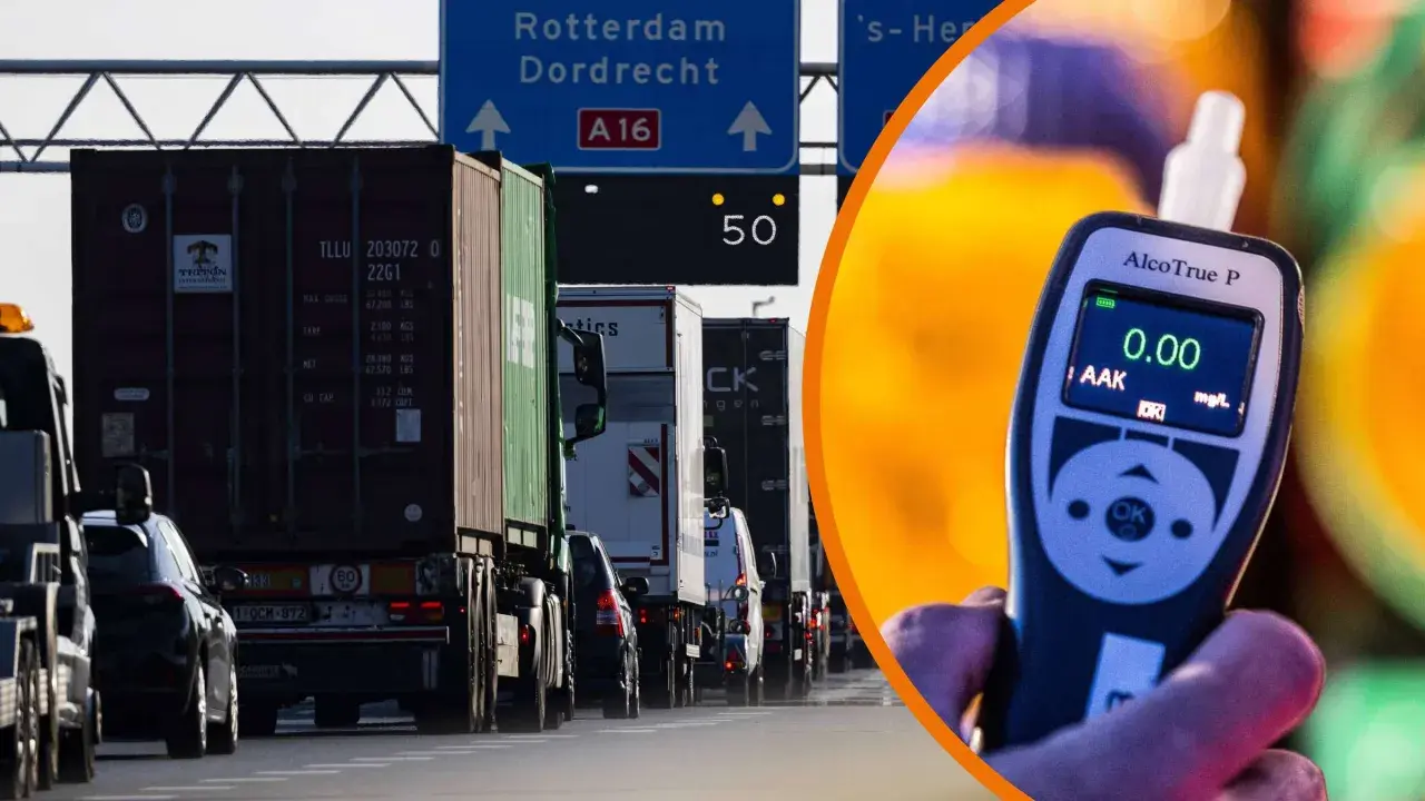 Alkoholtest in den Niederlanden zeigt 0,00 mg/L. LKW-Kolonne auf der A16 Richtung Rotterdam/Dordrecht.