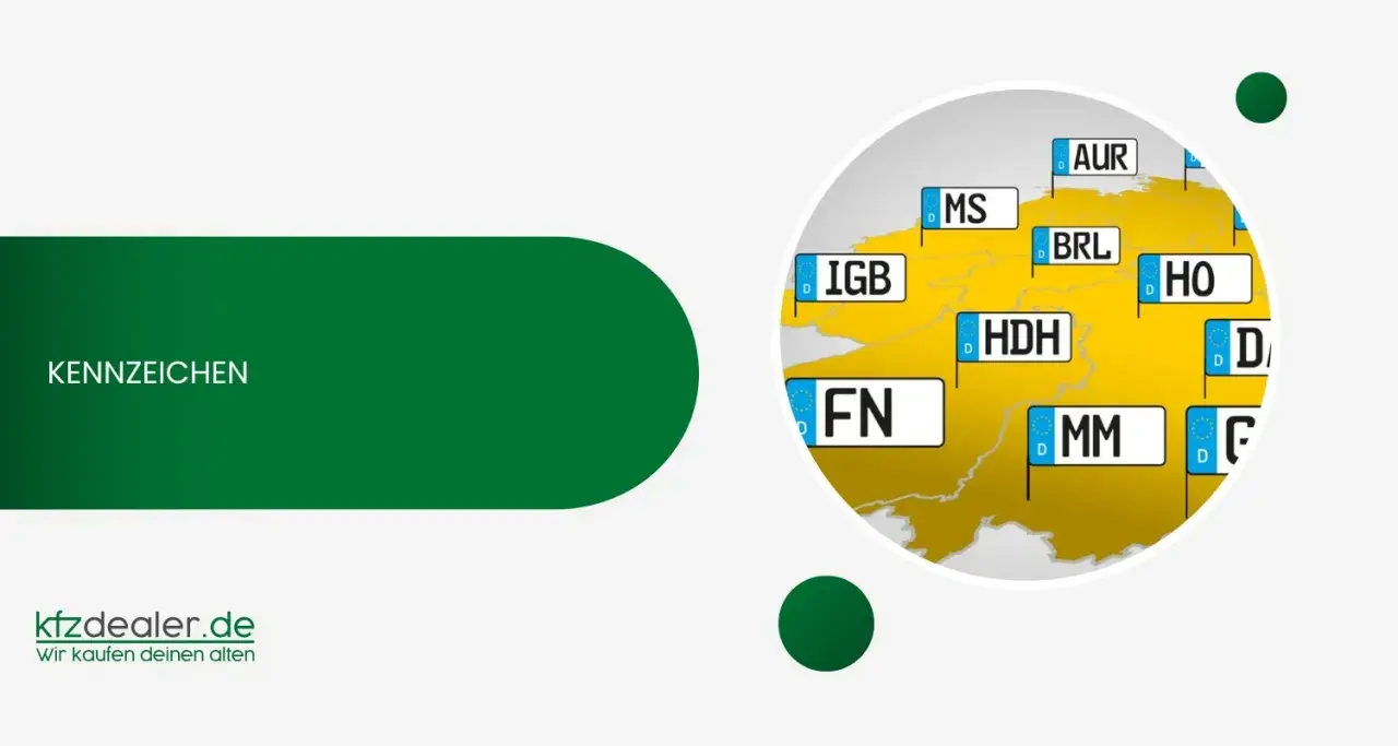 Deutsche Kennzeichen auf einer Karte. Viele Städte wie IGB, FN, HDH, MM, MS, BRL, HO, AUR sind mit ihren Kennzeichen markiert.