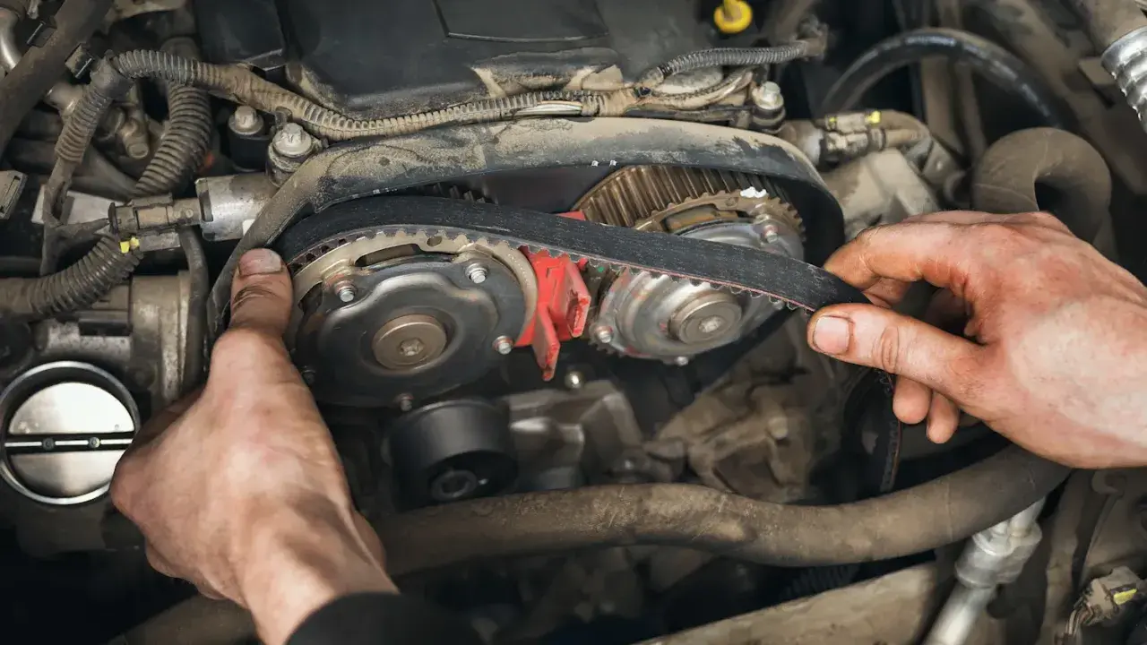 Hände montieren einen Zahnriemen an Zahnrädern im Motorraum. Der Zahnriemen synchronisiert Nockenwelle und Kurbelwelle, was macht der zahnriemen.