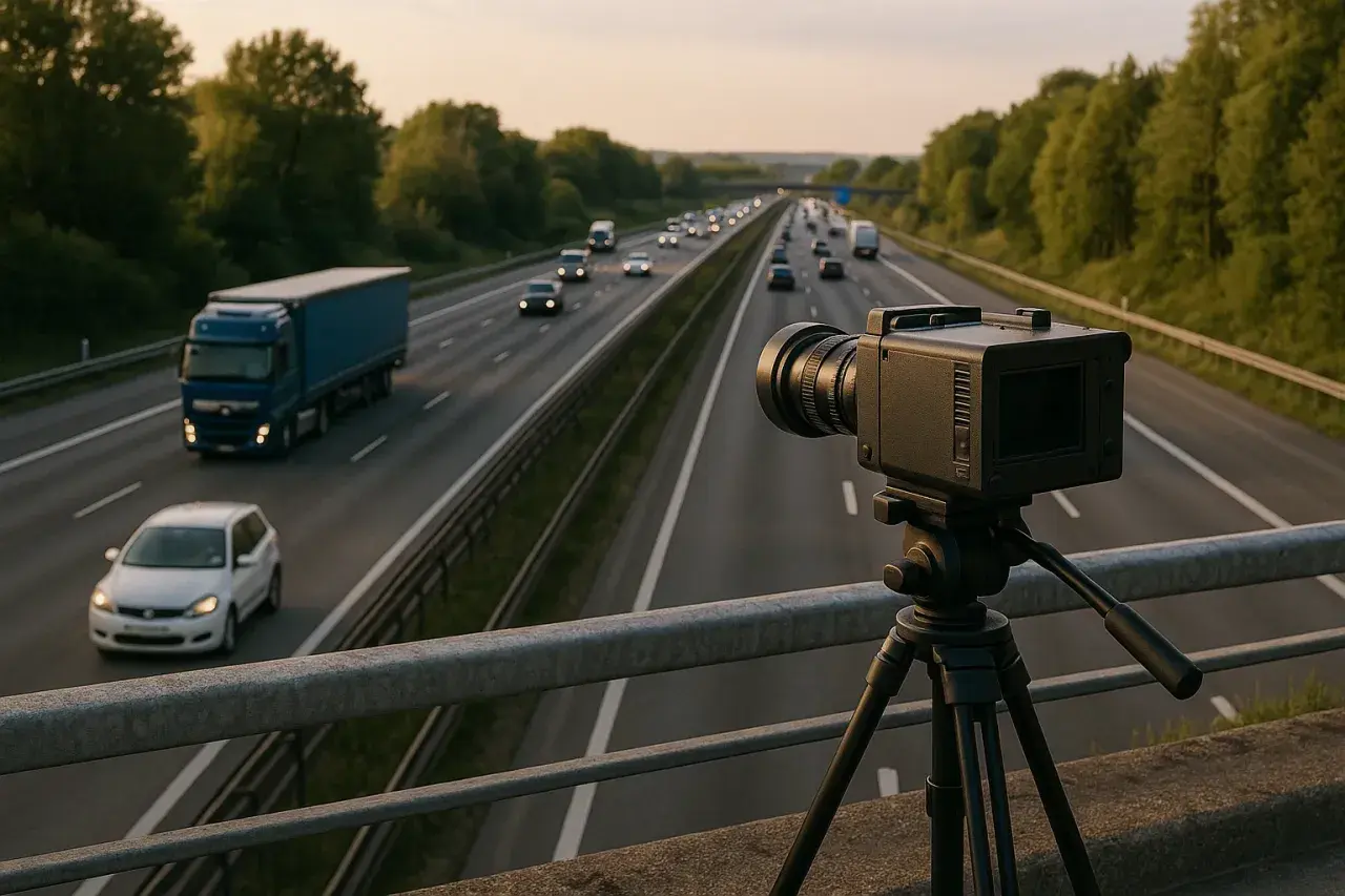 Ein handy blitzer auf einem Stativ überwacht den Verkehr auf einer Autobahn bei Sonnenuntergang.