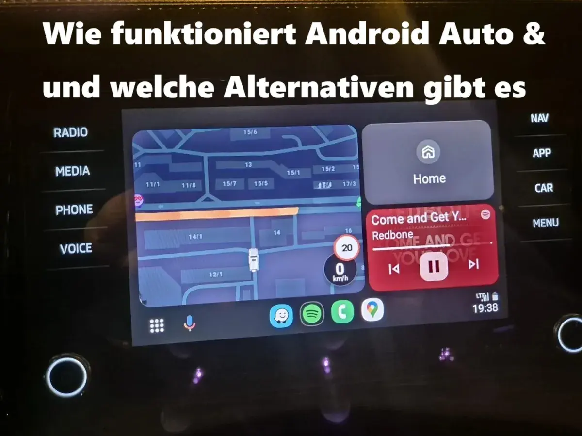 Das Bild zeigt, wie Android Auto funktioniert, mit Navigation und Musikwiedergabe. Es gibt auch Alternativen zu Android Auto.