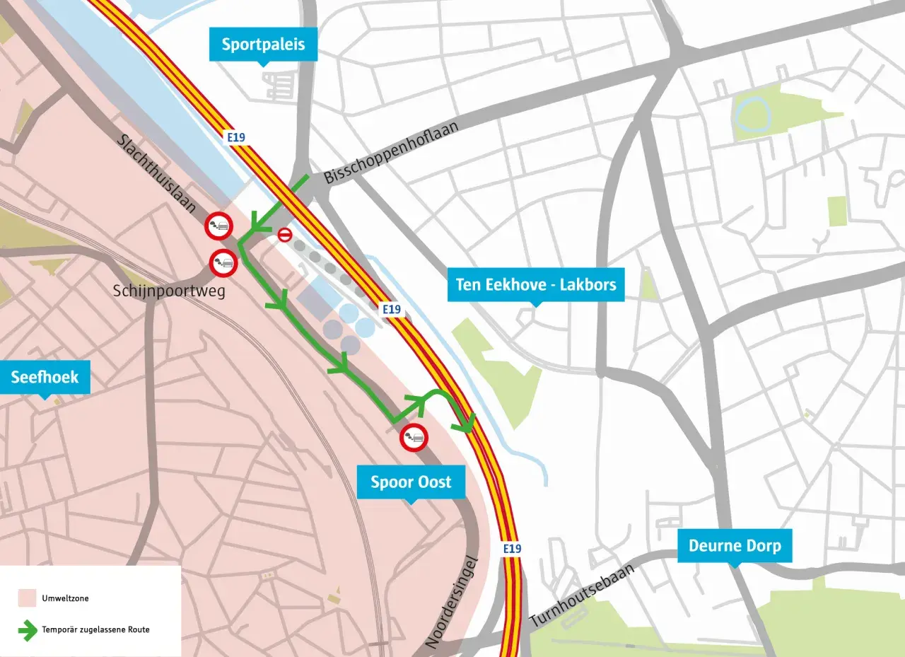 Umweltzone in Belgien: Temporäre Route für PKW-Fahrer, die die E19 nutzen. Umleitung um die Umweltzone.