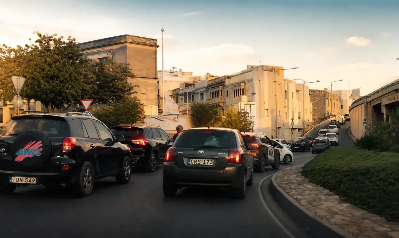 Verkehrsstau auf Malta, wo der Linksverkehr herrscht. Autos schlängeln sich durch die Stadt.