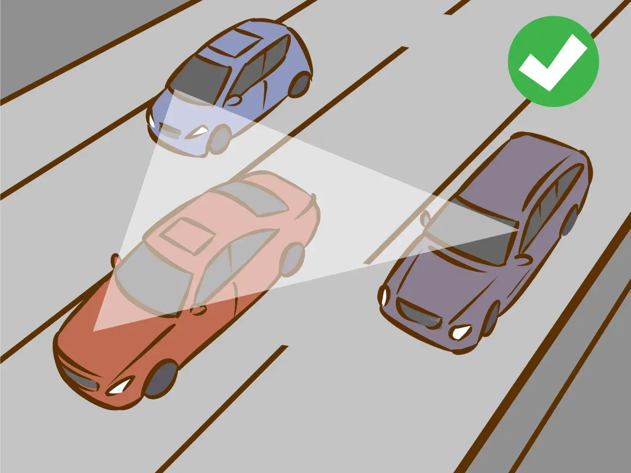 So stellst du dein **Auto Spiegel** richtig ein: Ein roter Wagen hat einen toten Winkel, der blaue Wagen ist gut sichtbar.