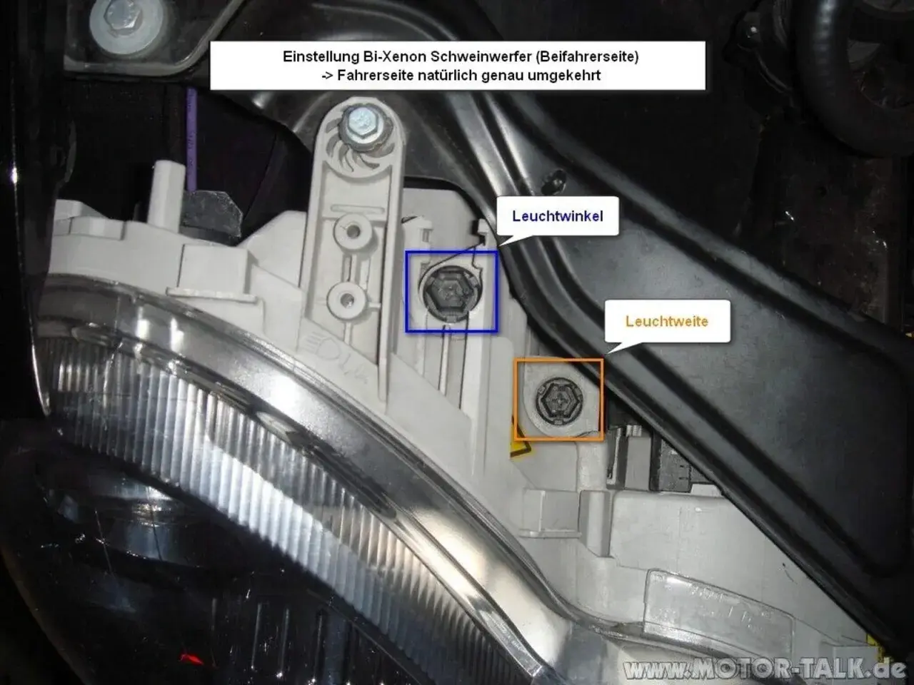 Einstellung der automatischen Leuchtweitenregulierung am Bi-Xenon-Scheinwerfer. Schrauben für Leuchtwinkel und Leuchtweite sind markiert.