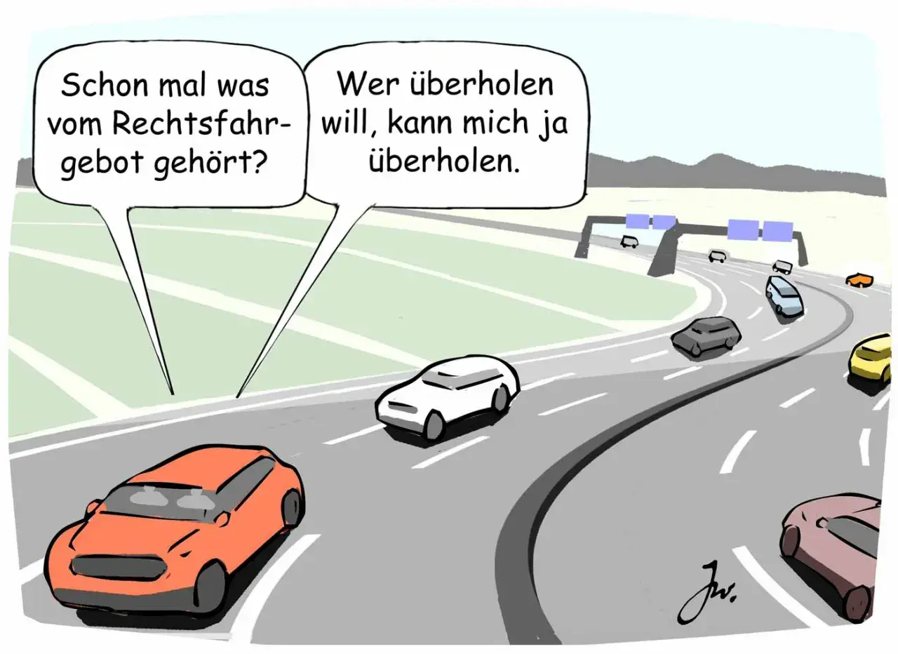 Autobahn: Ein Auto fragt, ob man vom Rechtsfahrgebot gehört hat. Ein anderes meint: Wer überholen will, kann mich ja überholen.