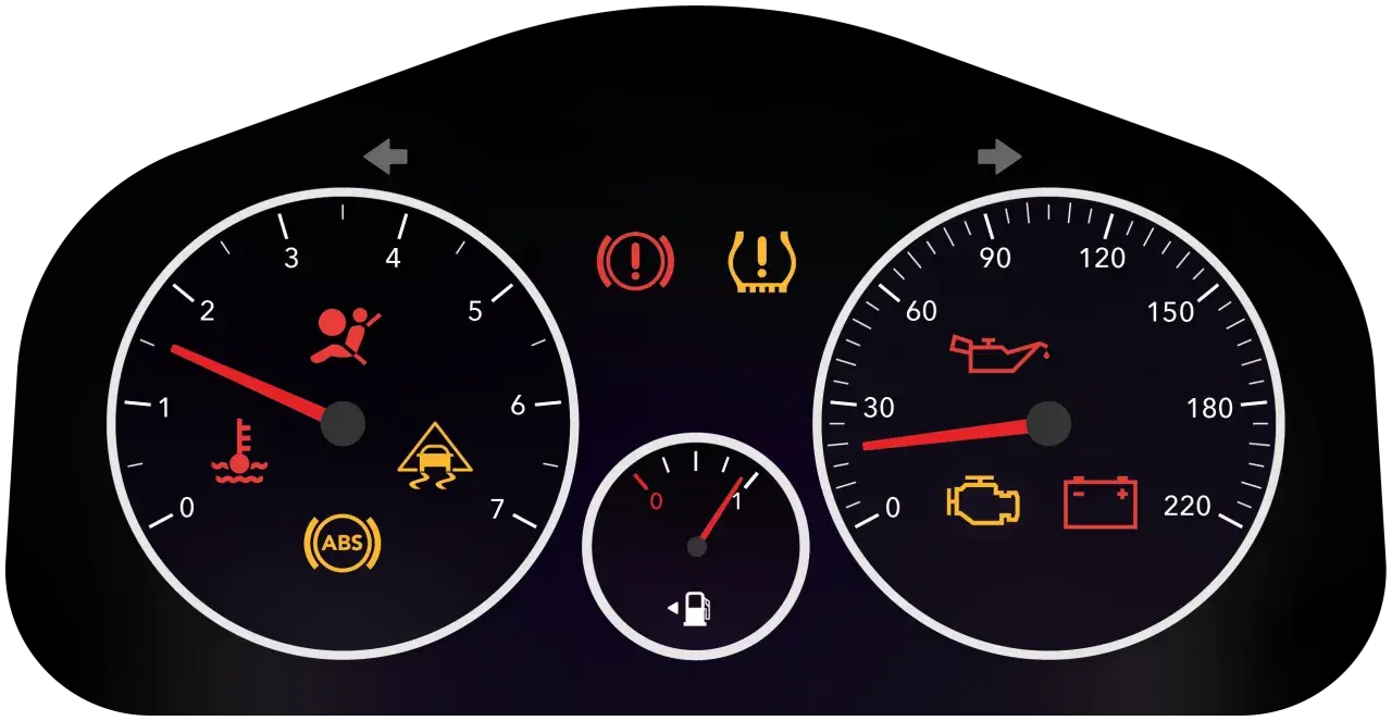 Armaturenbrett mit vielen Kontrollleuchten: Airbag, ABS, Motorkontrolle, Bremsen, Reifendruck, Ölstand, Batterie, Kühlmittel.