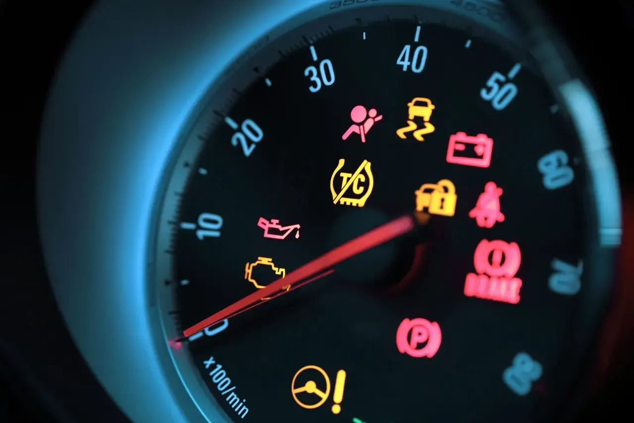 Armaturenbrett mit vielen Warnleuchten, darunter ein rotes Ausrufezeichen im Kreis (Bremse) und ein rotes Ausrufezeichen im Auto-Symbol.