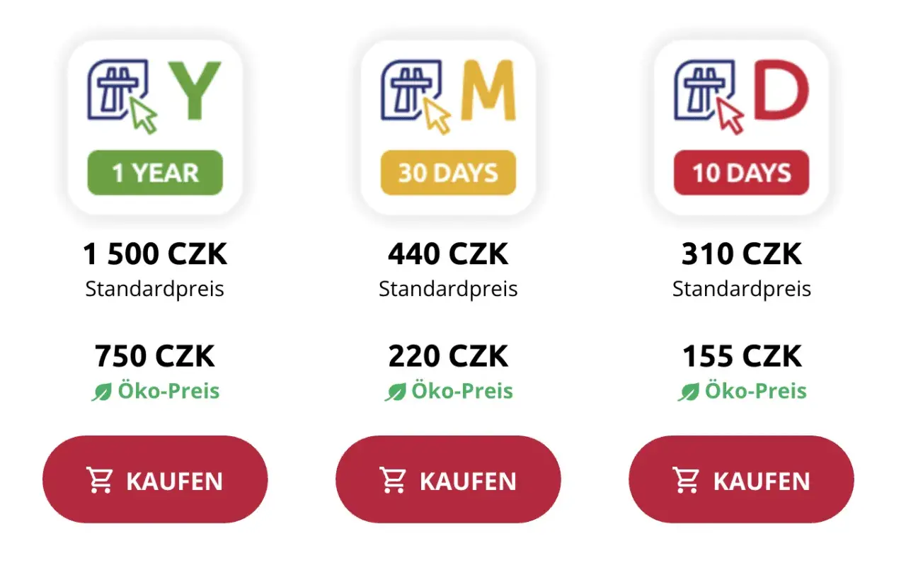 Vignetten für Tschechien: 1 Jahr (1500 CZK), 30 Tage (440 CZK) oder 10 Tage (310 CZK). Öko-Preise verfügbar.