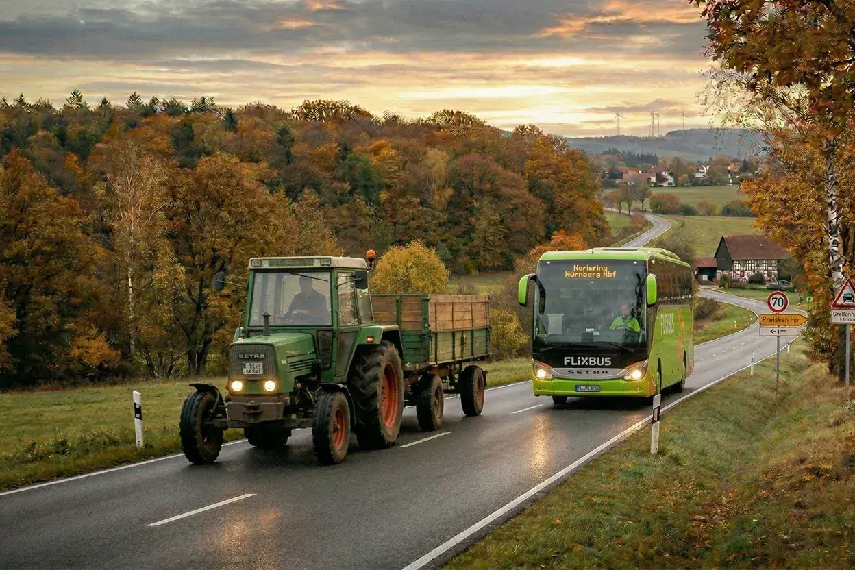 Ein grüner Traktor mit Anhänger und ein Flixbus fahren auf einer Landstraße im Herbst. Die 132 bkat Szene zeigt bunte Bäume und eine malerische Landschaft.