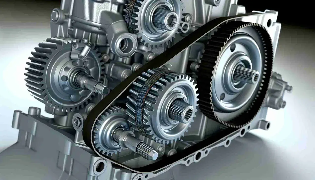 Detailansicht eines Motors mit Zahnriemen und Zahnrädern. Ein hydraulischer Wandler ist Teil dieses komplexen Getriebes.