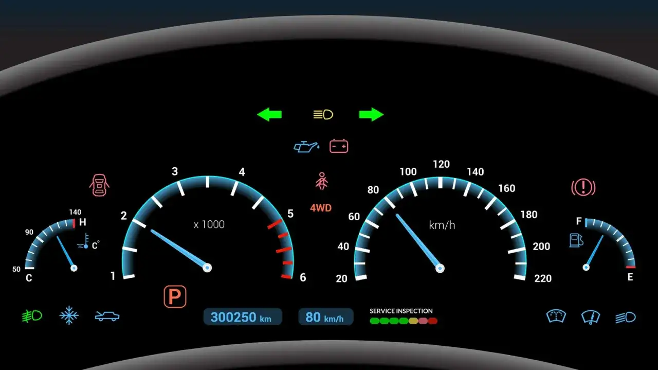 Armaturenbrett mit Tachometer, Drehzahlmesser und verschiedenen Kontrollleuchten auto.