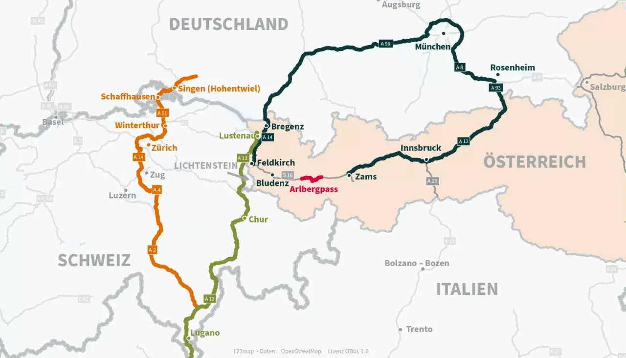 Routenplaner zeigt Alternativen, um den Arlbergtunnel zu umfahren, z.B. über Lindau, Bregenz und Feldkirch.