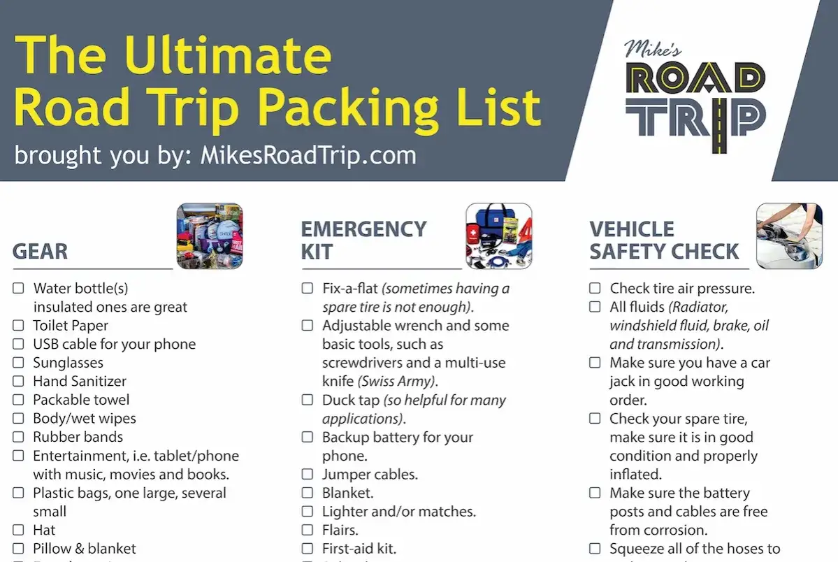 Die ultimative Reise Checkliste für einen Roadtrip mit Ausrüstungs-, Notfall- und Fahrzeugsicherheits-Tipps.