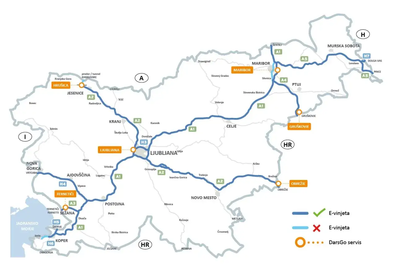 Mautkarte für Wohnmobile in Slowenien: E-Vignette und DarsGo Service für die Autobahnen A1, A2, A3, A4, A5, H3, H4, H5, H6, H7.