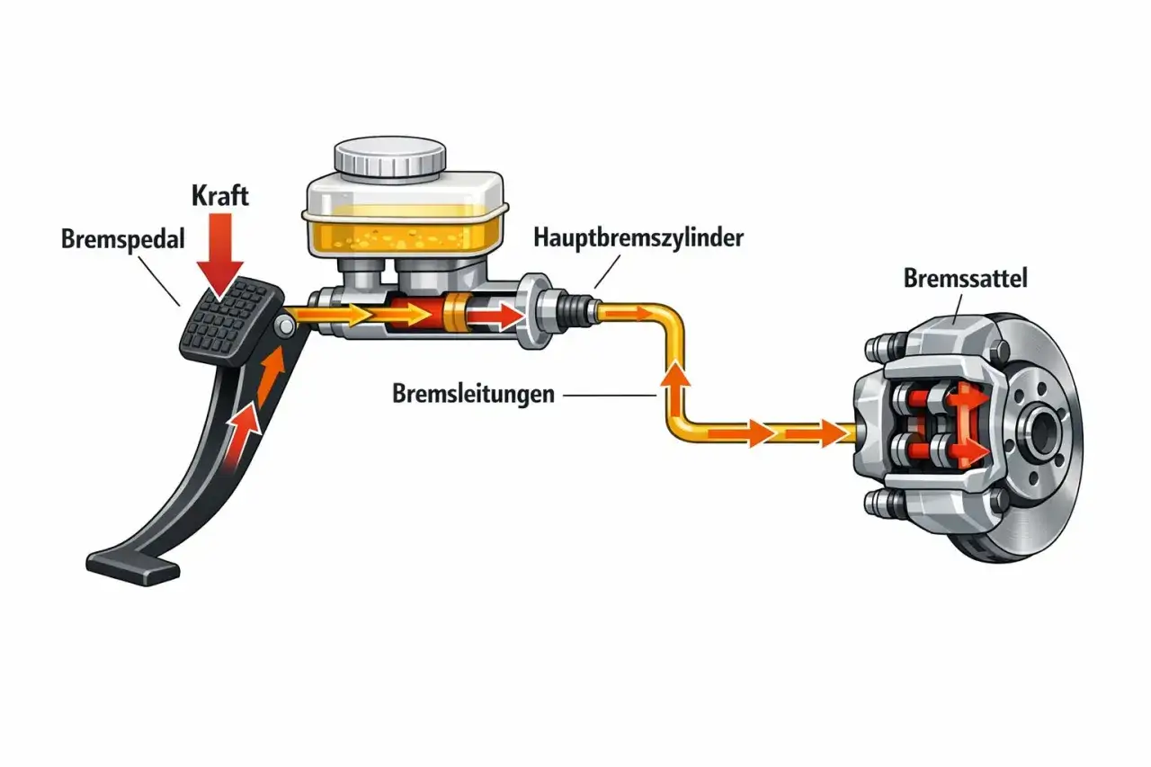 Schema der Bremsanlage: Bremspedal, Hauptbremszylinder, Bremsleitungen und Bremssattel. Ein wichtiges Renault Ersatzteil für die Sicherheit.
