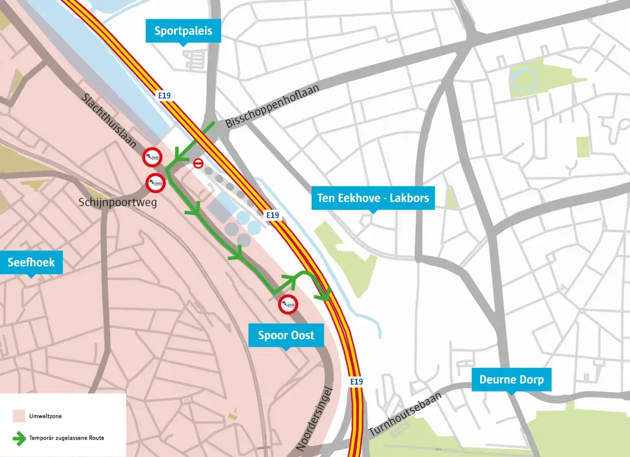 Umweltzone in Belgien: Temporäre Route für PKW-Fahrer, die die E19 nutzen. Umleitung bei Spoor Oost.