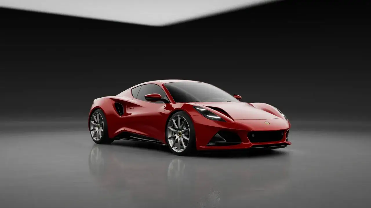 Roter Lotus Emira Sportwagen, bereit für die Straße. Hier sind die Lotus Emira technische Daten.