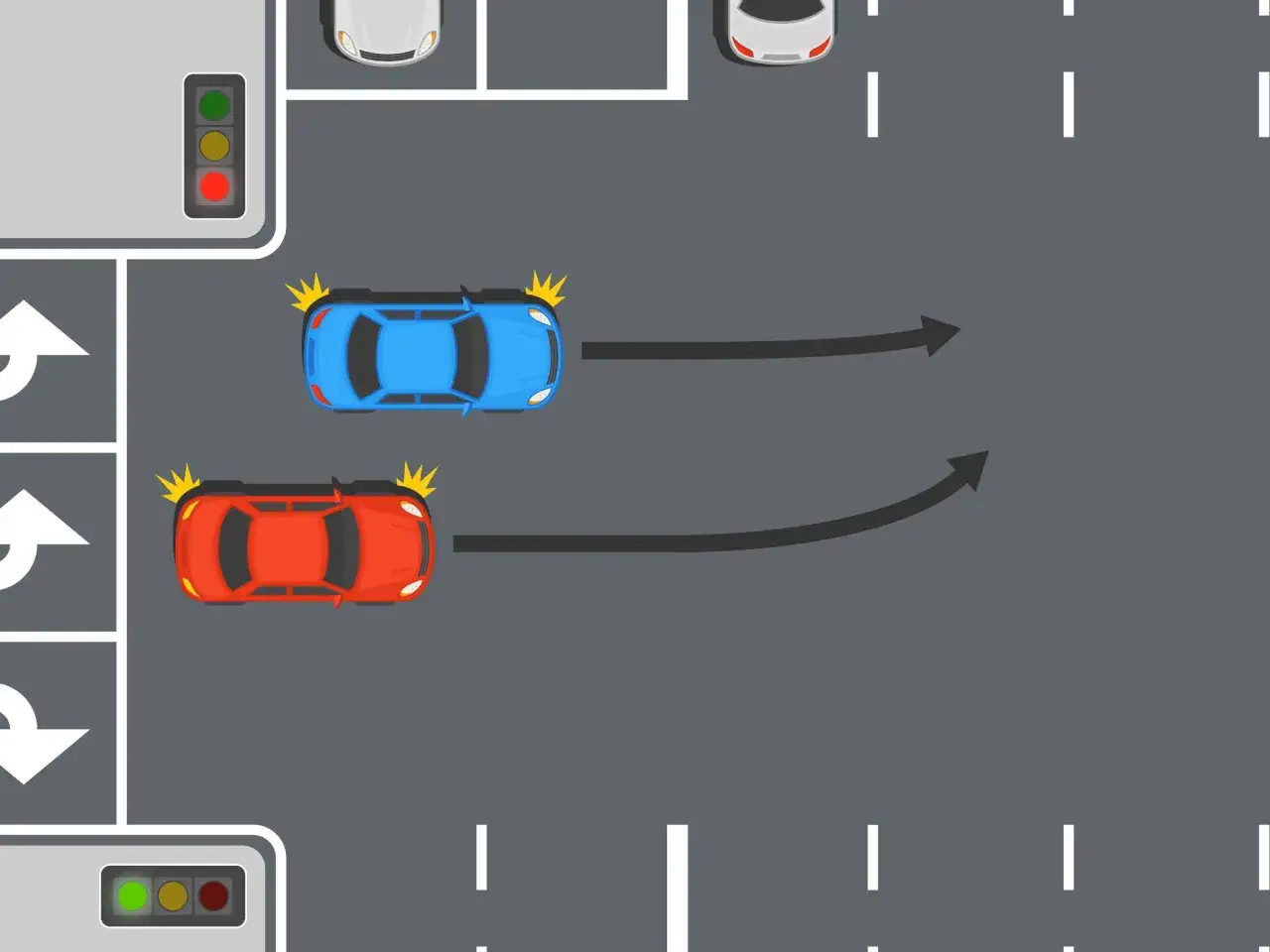 Zwei Autos, rot und blau, bereiten sich auf das mehrspurige Abbiegen vor. Pfeile zeigen die Fahrtrichtung an.