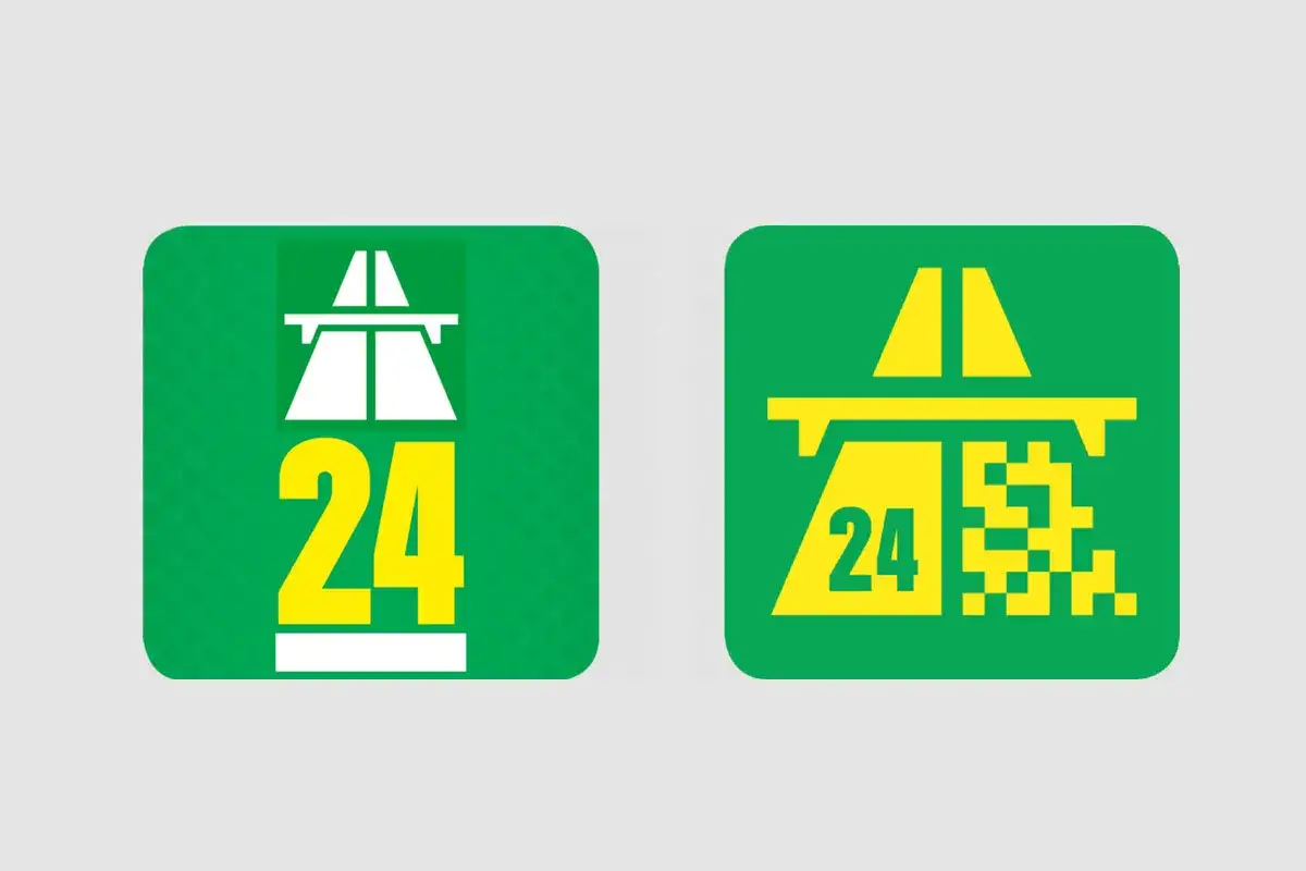 Zwei grüne Icons mit Autobahn-Symbolen und der Zahl 24. Links ein weißes Autobahn-Symbol, rechts ein gelbes. So reist man ohne Vignette Schweiz.