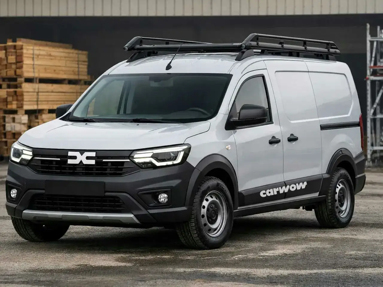 Grauer Dacia Lieferwagen mit Dachgepäckträger, bereit für den Einsatz. Diese Dacia Nutzfahrzeuge sind robust und vielseitig.