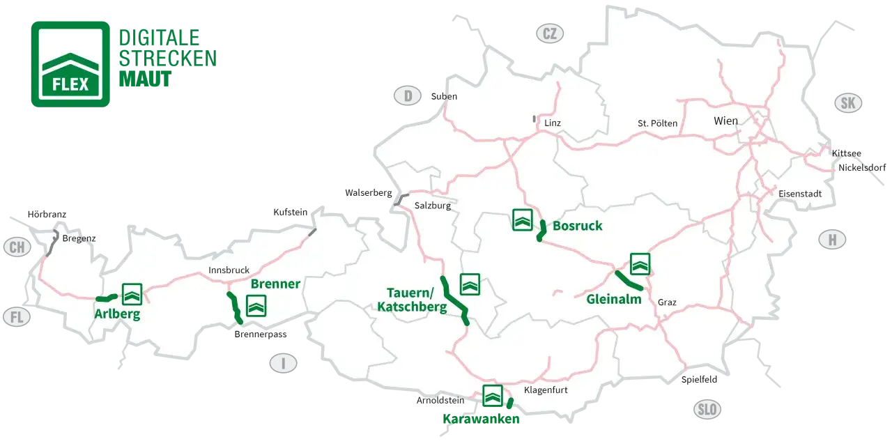 Österreichkarte mit digitalen Streckenmaut-Abschnitten. Die A10 Tauernautobahn ist als Teil der Tauern/Katschberg-Strecke hervorgehoben.