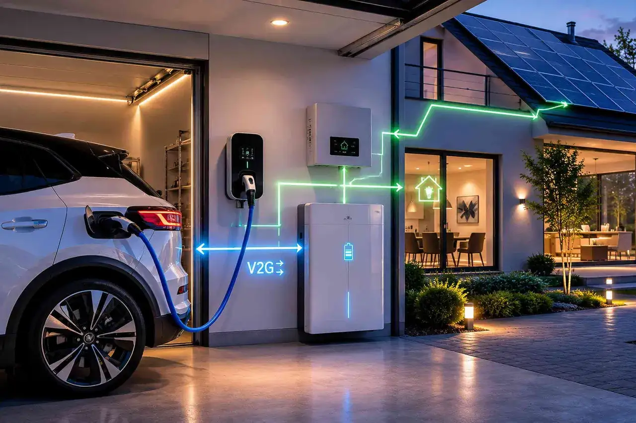 Ein Elektroauto l&auml;dt an einer Ladestation, die mit einem Batteriespeicher und dem Haus verbunden ist. V2G-Technologie erm&ouml;glicht Energiefluss zwischen Auto und Netz.