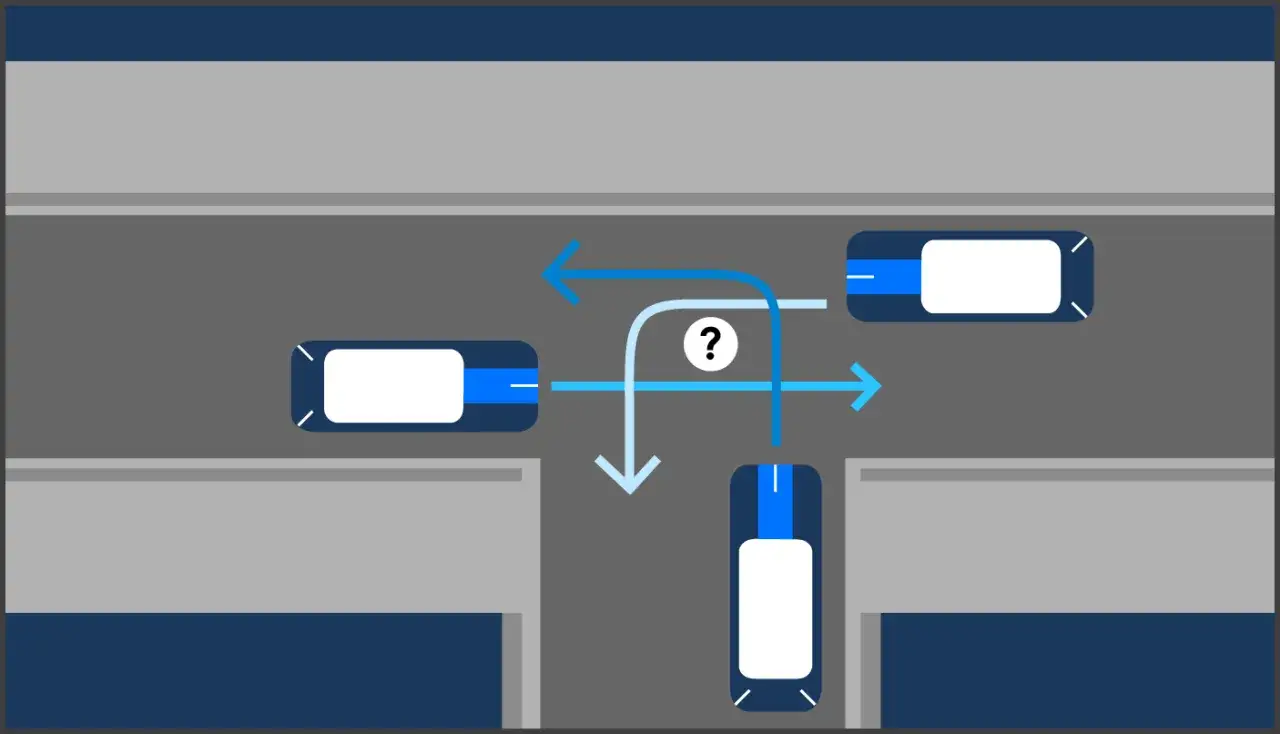 Kreuzung mit drei Autos und Pfeilen, die verschiedene Fahrtrichtungen anzeigen. Wer hat Vorfahrt? Rechts vor links gilt hier nicht immer.