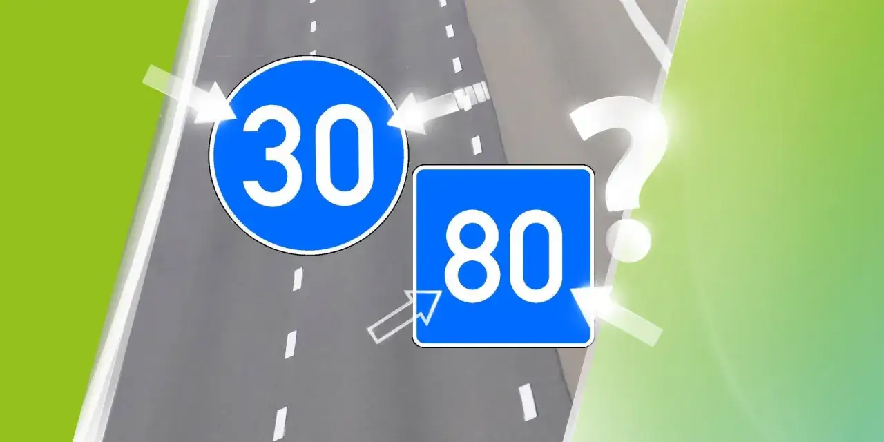 Verkehrsschilder mit 30 und 80 km/h auf Autobahn. Was ist die mindestgeschwindigkeit autobahn deutschland?
