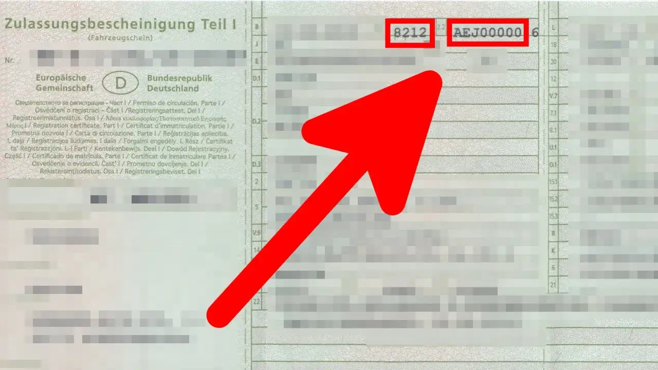 Fahrzeugschein mit hervorgehobener Zulassungsnummer AEJ00000 und dem hsn tsn 8212.