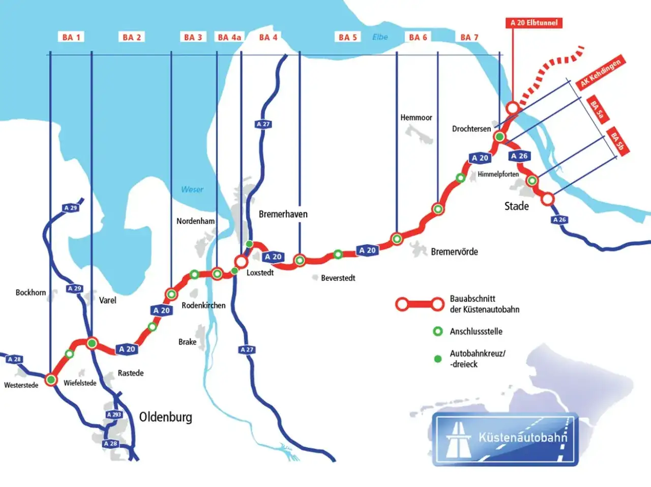 Karte der Küstenautobahn A20 mit Bauabschnitten, Anschlussstellen und Autobahnkreuzen. Der Elbtunnel ist eingezeichnet.