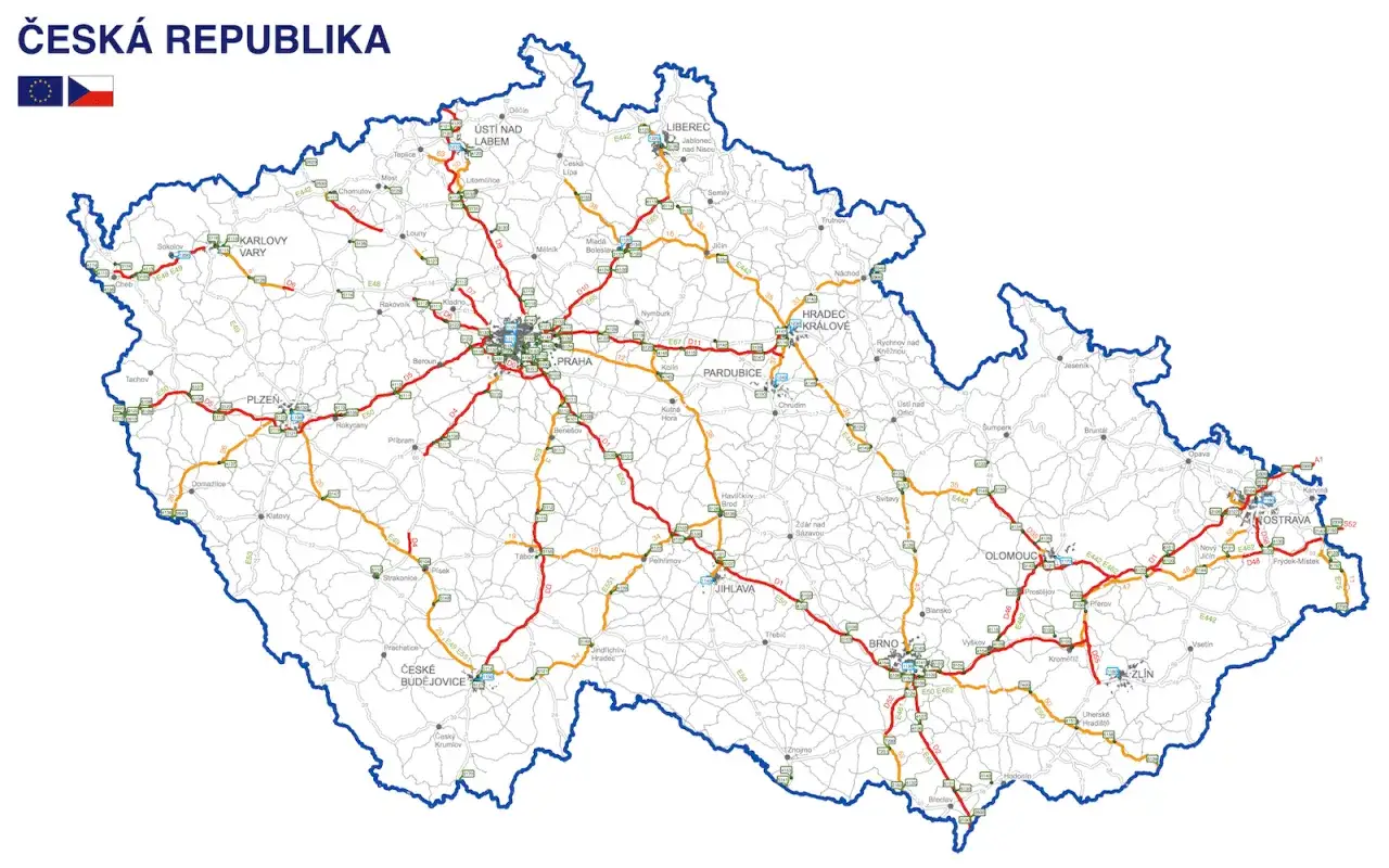 Auf dieser Karte der Tschechischen Republik sind Autobahnen und Schnellstraßen markiert. Für die Nutzung dieser Straßen braucht man in Tschechien eine Vignette.