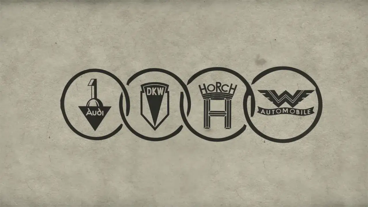 Vier Kreise zeigen Logos: Audi, DKW, Horch und Wanderer. Ein Blick auf die Audi Geschichte und ihre Wurzeln.